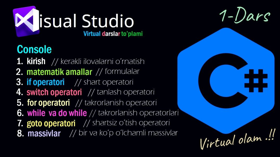 Visual studio C# console dasturlash (1-dars)